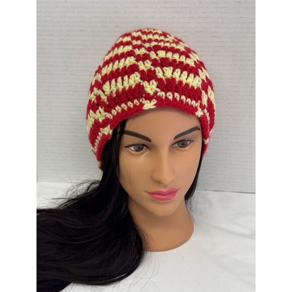 Beanie Hat Skull Cap Adult Teens Crochet Unisex Red Yellow Handmade - Picture 1 of 7